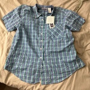 Erika & Co Vintage COBALT TURQUOI plaid button up short sleeve top  2x